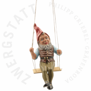 Nain de jardin Adalbert le Balancier suspendu à une balançoire, figurine artisanale en céramique d’Allemagne