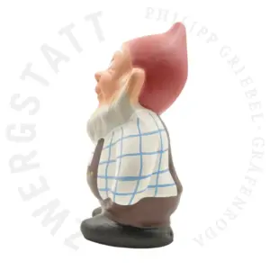 Hand-painted garden gnome Bert with lederhosen and a blue shirt, 30 cm, made of ceramic – left side view. Original Zwergstatt Gräfenroda, handcrafted and hand-painted in the traditional 1950s design. Not frost-resistant – protect from frost!