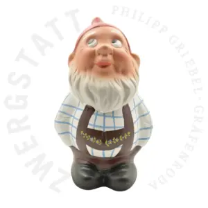 Hand-painted garden gnome Bert with lederhosen and a blue shirt, 30 cm, made of ceramic – front view. Original Zwergstatt Gräfenroda, handcrafted and hand-painted in the traditional 1950s design. Not frost-resistant – protect from frost!