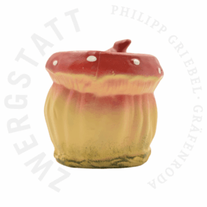 Fly agaric planter garden gnome with saxophone – left side view