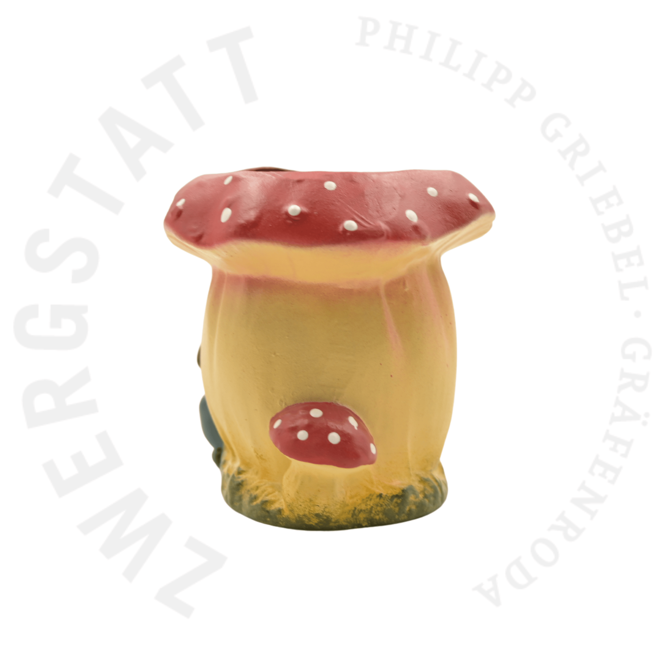 Pot de fleurs Champignon avec Nain joueur d’accordéon – vue de gauche